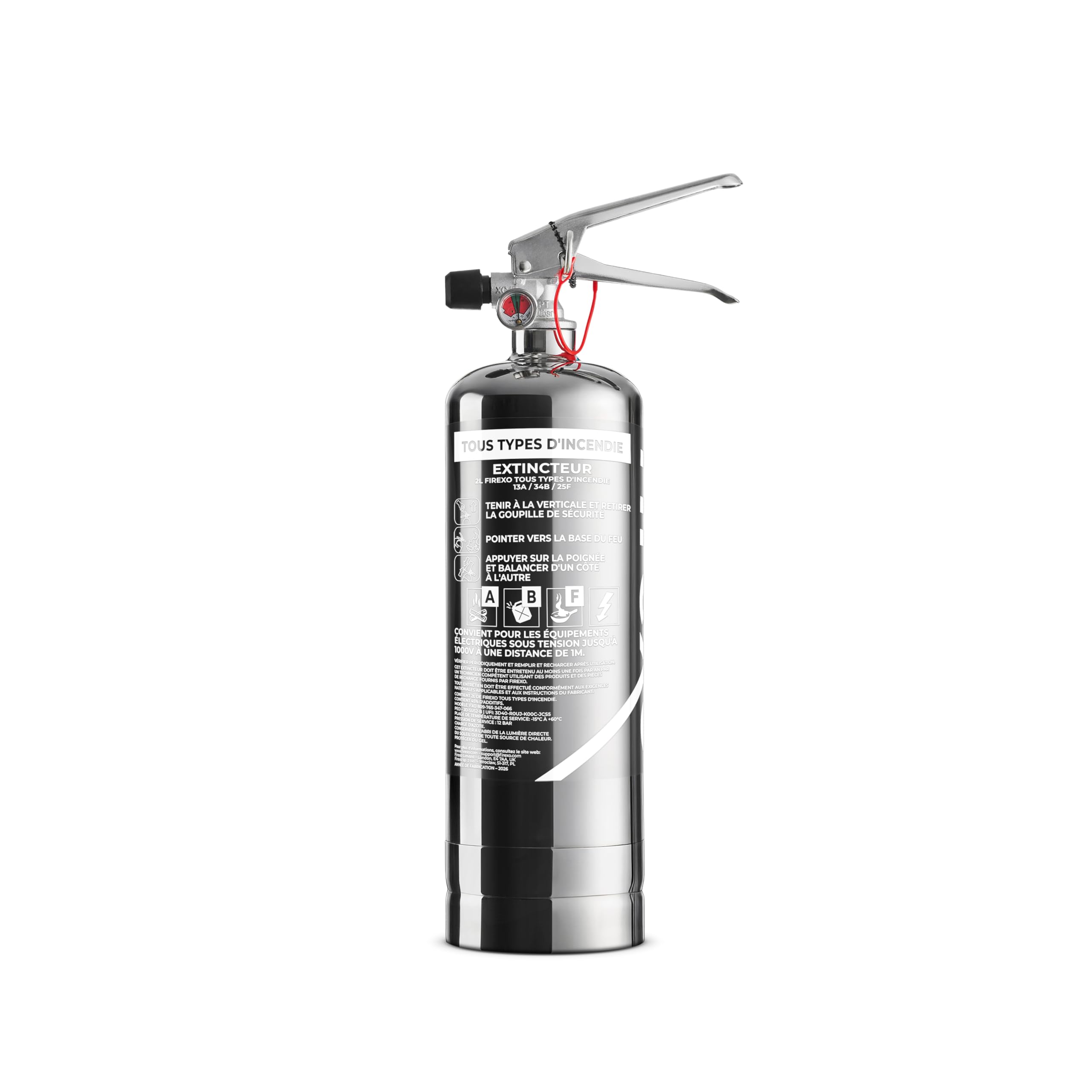 Firexo Extincteur (2 Liter) - Extincteur Maison Tous Feux en Acier Inoxydable, Batterie Lithium, Bureau, Cuisine, Voiture, Travail, Restaurant, Bateau - Fire Extinguisher for All Fires