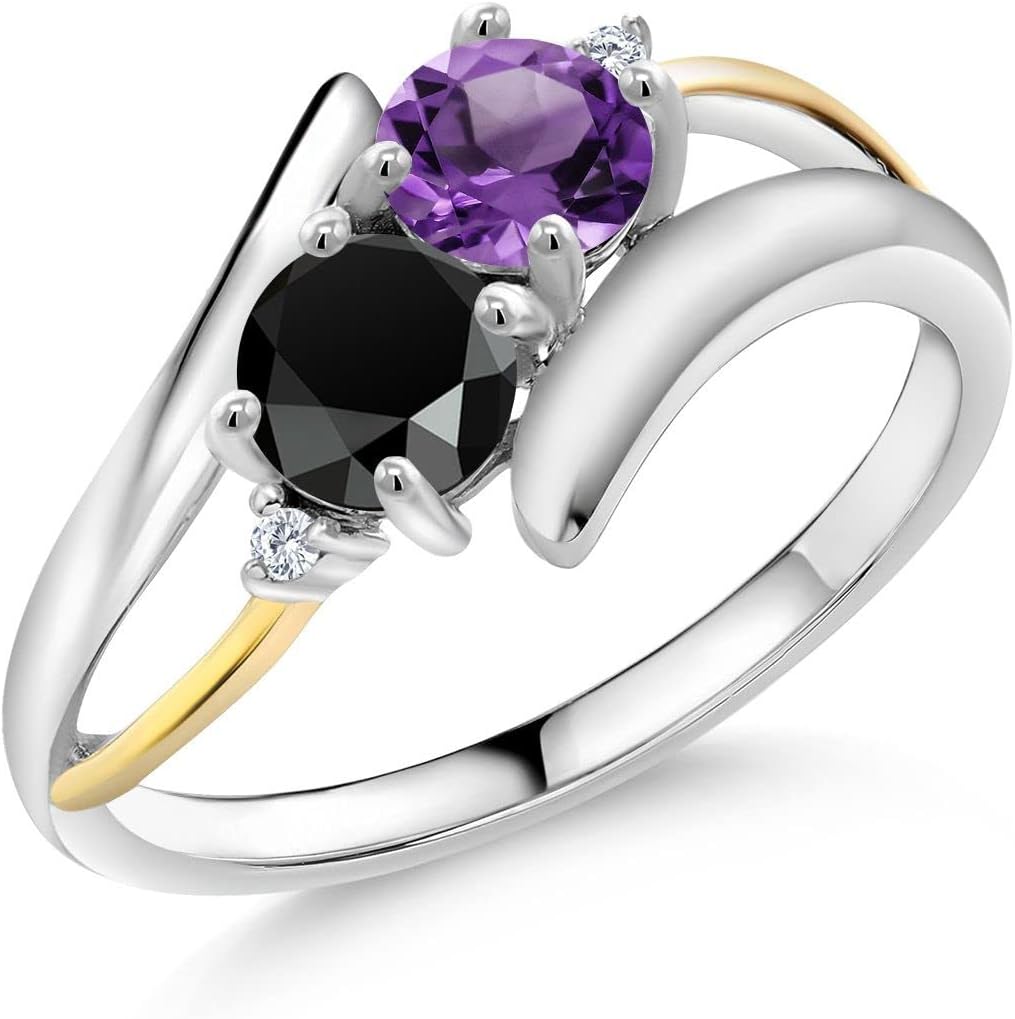 Gem Stone King 0.97 Cttw Purple Amethyst and Black Onyx Ring For Women | 925 Sterling Silver and 10K Yellow Gold | Round 5MM | Gemstone Birthstone | Wedding Engagement Anniversary Ring For Women