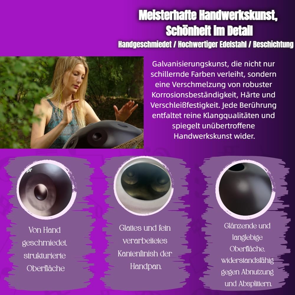 Handpan Trommel 22 Zoll 9 Töne D-Moll 440Hz (Violett) | elektroplierter rostfreier Edelstahl, geeignet für Straßenmusik, Live und Musizieren