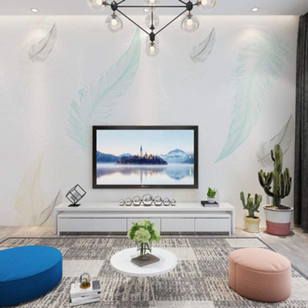 Papier peint plume pour masquer un mur blanc de salon terne