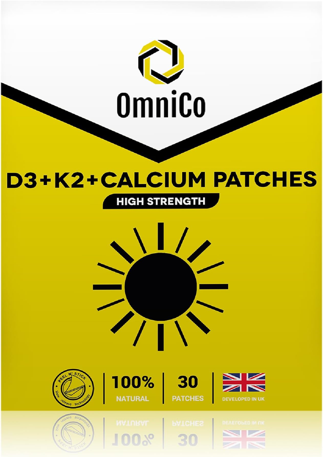 OmniCo Vitamin D3, K2 & Calcium Topical Patches, 30 Pack, 3cm x 3cm Water Resistant Vitamin Patches, Can Help Support Mood, Energy & Bone Health, 7 Month Supply