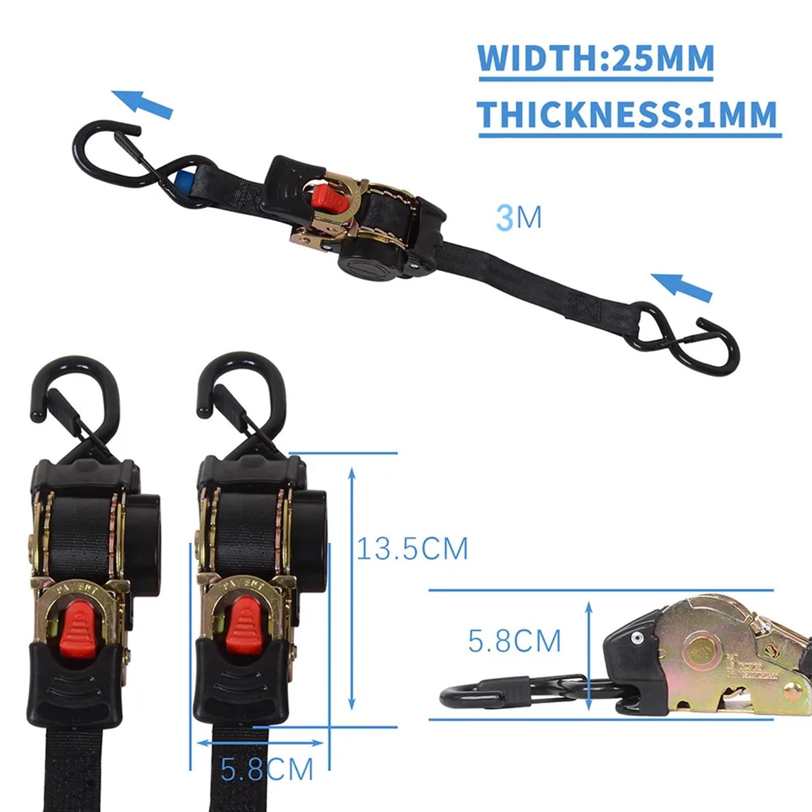 Correas de Trinquete Resistentes Cinturones de amarre universales con enrollado automático, herramienta fija retráctil automática, fácil de llevar, ganchos en S con correa de trinquete de 25mm x 3(2pc