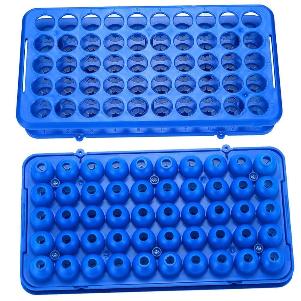 Estante de tubo de prueba de acrílico, Estante de tubos ensayo plástico azul, 50 agujeros desmontables for 5/10/15 ml, 9,8x5,1x2 pulgadas