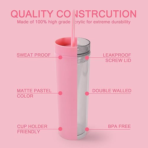 Miniatura 3 de sweet grain Vasos delgados de 16 onzas con tapas y popotes (paquete de 6)  Juego de vasos acrílicos de color pastel mate, vaso acrílico reutilizable