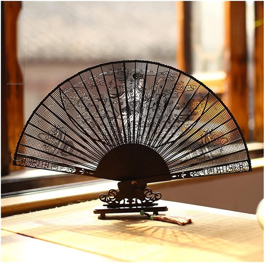 Folding Fan Exquisite Carved Ebony Wooden Folding Fan for Wedding Adults Calligraphy Painting Fine Art Hand Fan Craft Gift Sending Fan (Style 4 23cm) (Style 9 23cm) (Style 4 23cm)