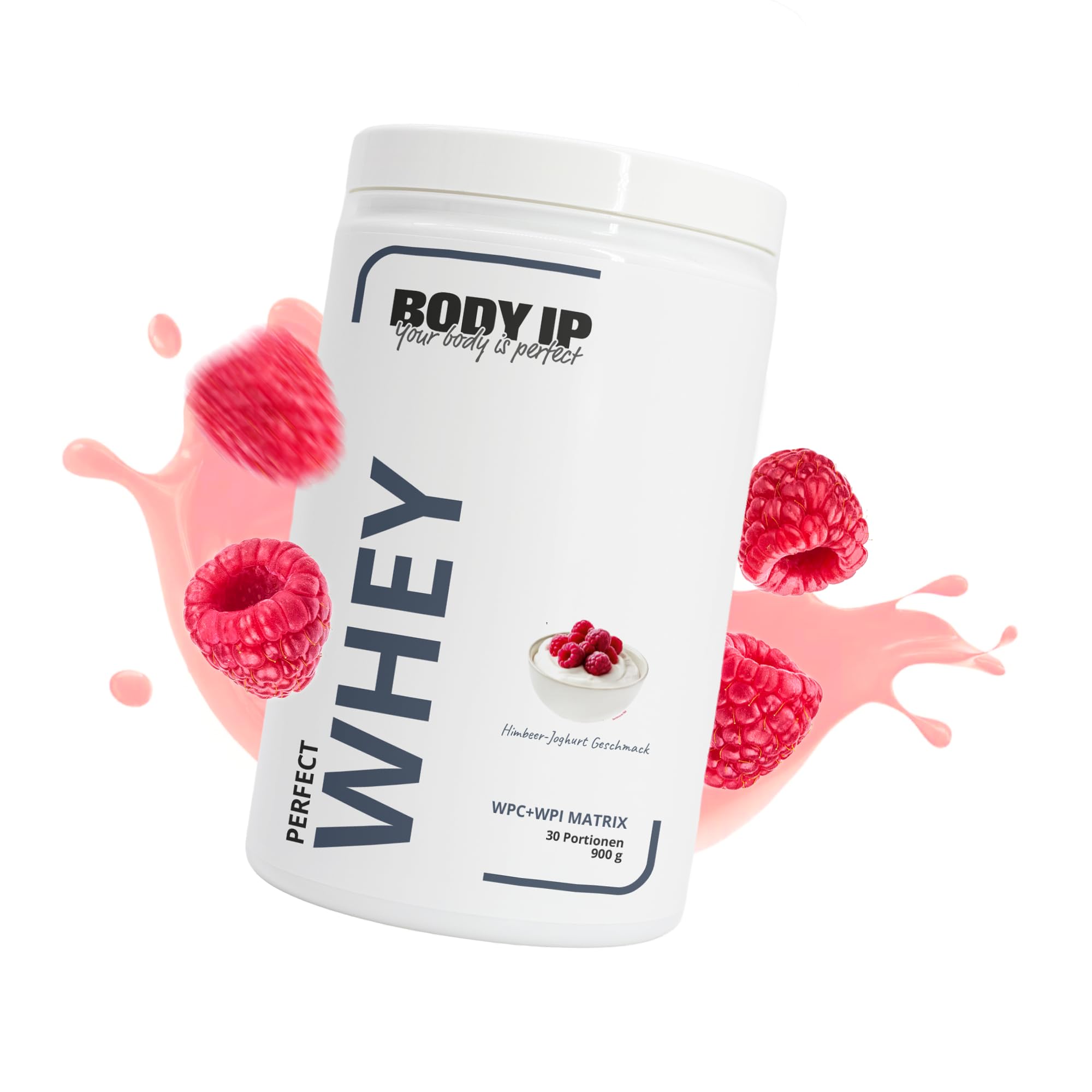 BODY IP Perfect Whey Protein Pulver | Himbeer-Joghurt | Eiweißpulver für Protein Shake & Muskelaufbau | hoher BCAA Anteil | 30 Portionen | Whey Isolat & Konzentrat | hoher Eiweißgehalt | 900g