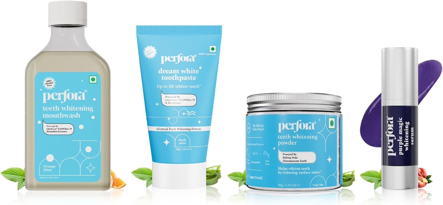 Perfora Complete Oral Care Teeth Whitening Kit | For Instant Teeth Whitening | SLS Free Tooth Paste For Adults | No Artificial Sweeteners | Enamel Safe & Effective Teeth Whitening Products | Pack Of 4