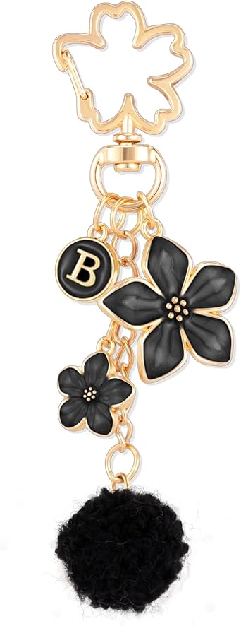 XGALBLA Cute Flower Initial Letter Keychain for Women, Flower Keychains with Pom Pom Fuzzy Keychains Bag Charms for Handbags