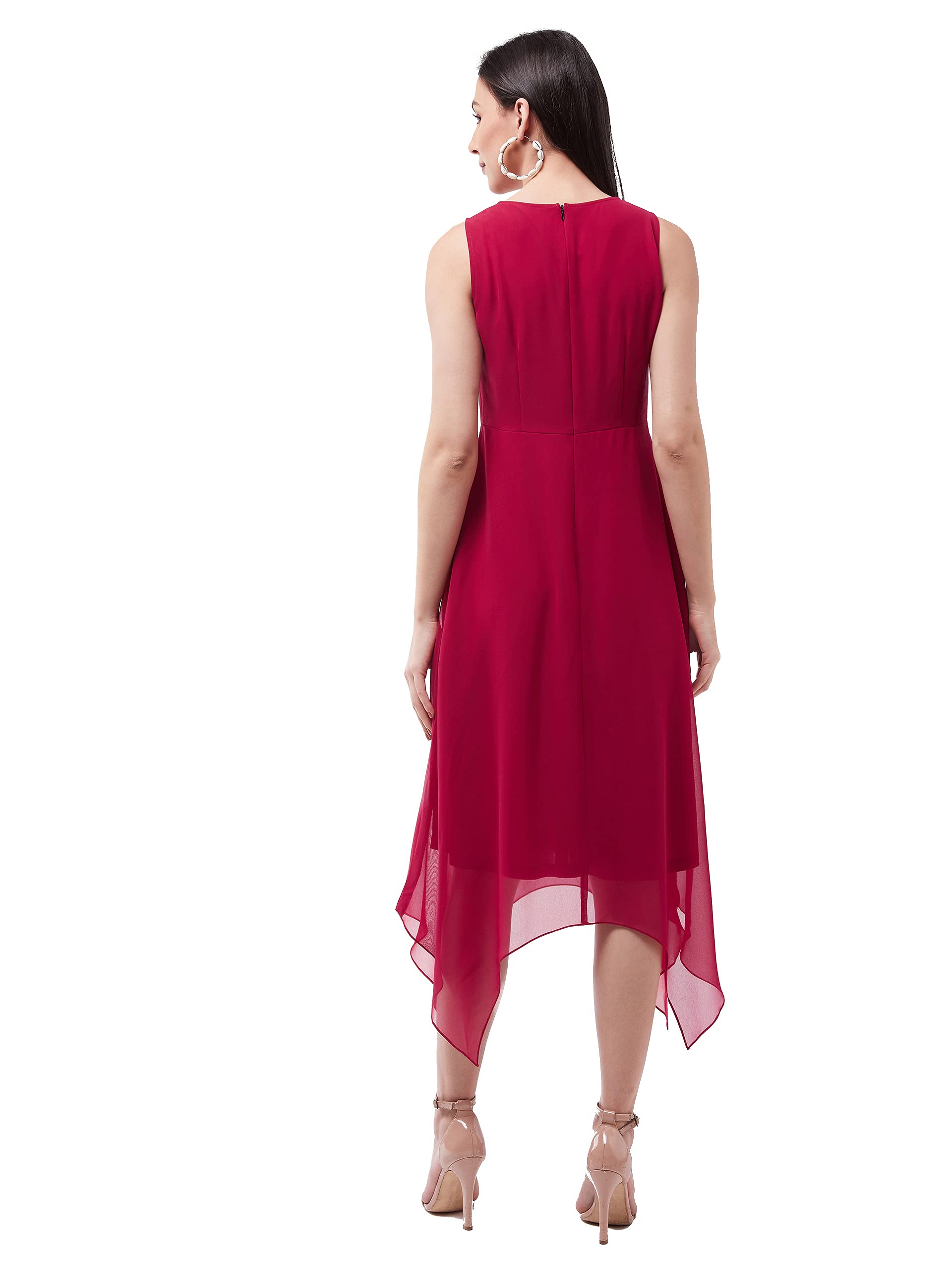 Miss Chase Women's Pink Solid Georgette Regular Fit Round Neck Sleeveless Crop Length Dress (Mcss21D14-66-23-03_Pink_S)