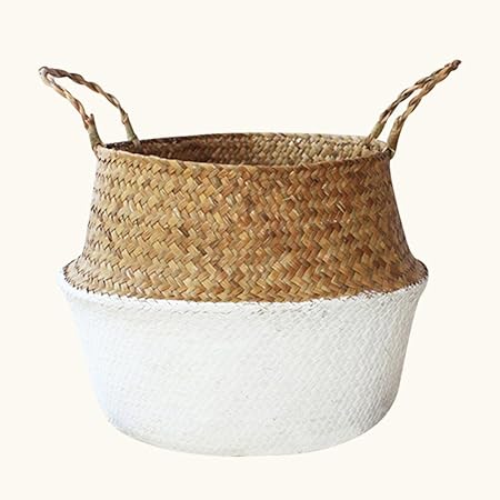Panier De Rangement Tisse A La Main Pliable En Herbier Marin Cache Pot Osier Pour Vetements Sales Fruits Jouets Plantes Et Pots De Fleurs Jonc De Mer Naturel Blanc Taille L Amazon Fr Cuisine Maison
