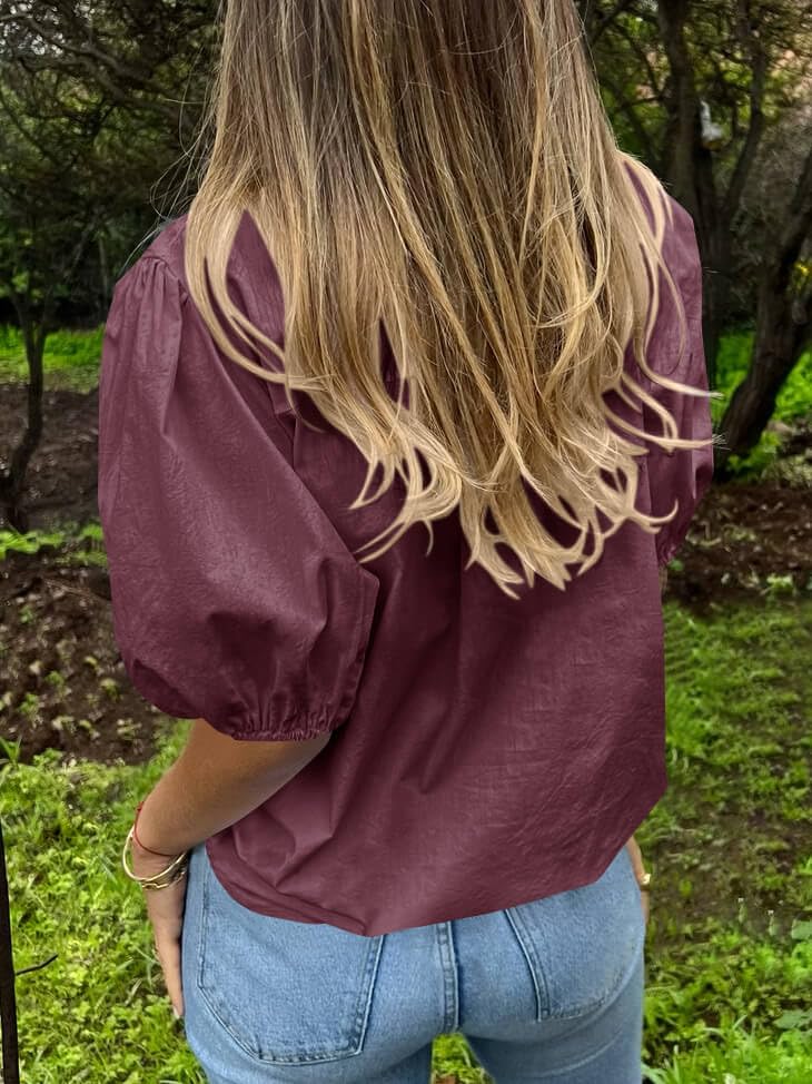 Image of Tankaneo Women's Button Down Shirts Short Puff Sleeve Collared Dressy Casual Blouse Tops