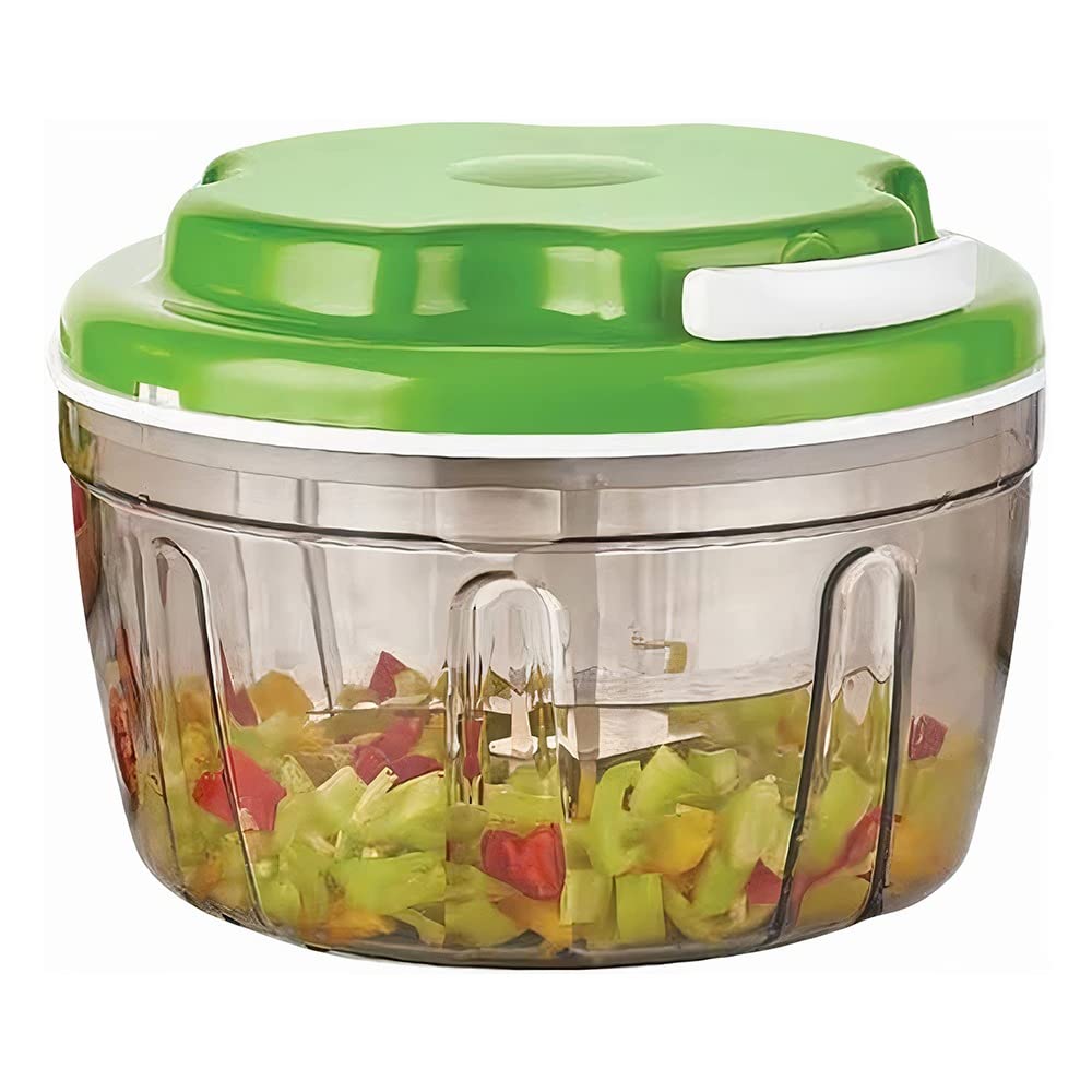 Shopivaa Quick & Easy Large 1.4 Litre Non-Slip Bowl Large Manual Drawstring Pull Food Chopper, Salad Spinner, Food Mixer Blender Processor Easy Clean Stainless Steel Blades BPA Free (Green)