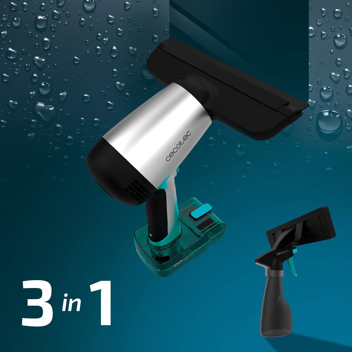 Cecotec Nettoyeur de vitres sans fil Conga Rockstar 3700 Glass. 15 W, pulvérise, nettoie et aspire, autonomie de 30 min, buse de 220 mm, réservoir de récupération d’eau, 75 m²