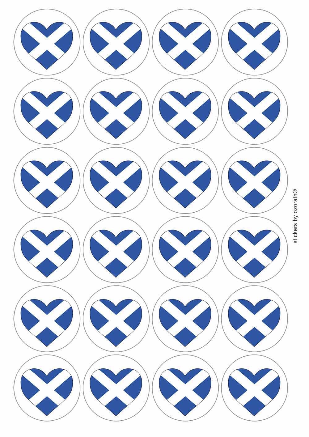 Scotland Scottish Flag Heart Circular Matt Paper Stickers A4 Sheet of 24 (Each Sticker is 45mm Diameter)