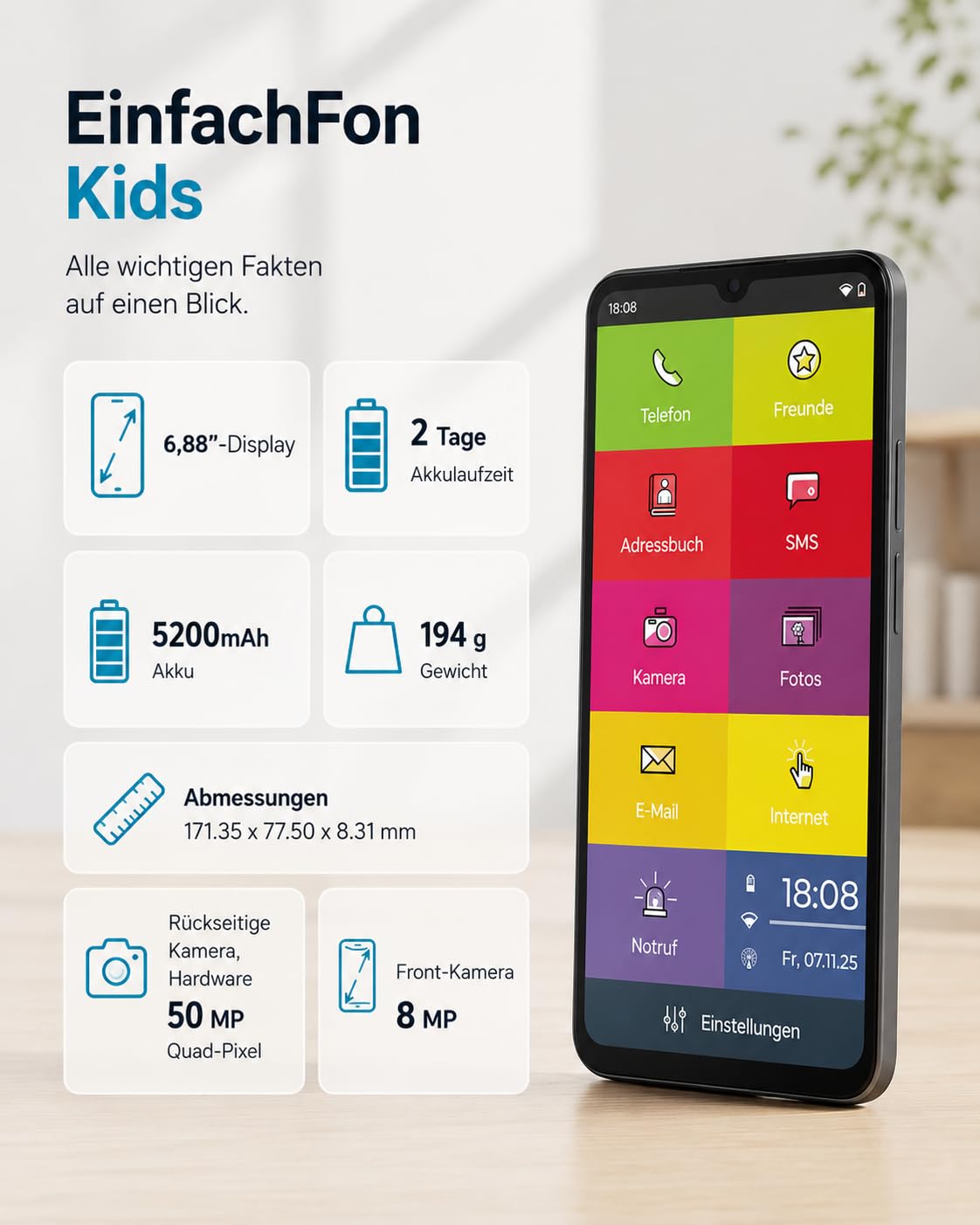 Kids - Sicheres Kinderhandy für Schule & Alltag mit Kinderschutz-Software, Elternmodus, Notruf, sicherem Browser und GPS-Option