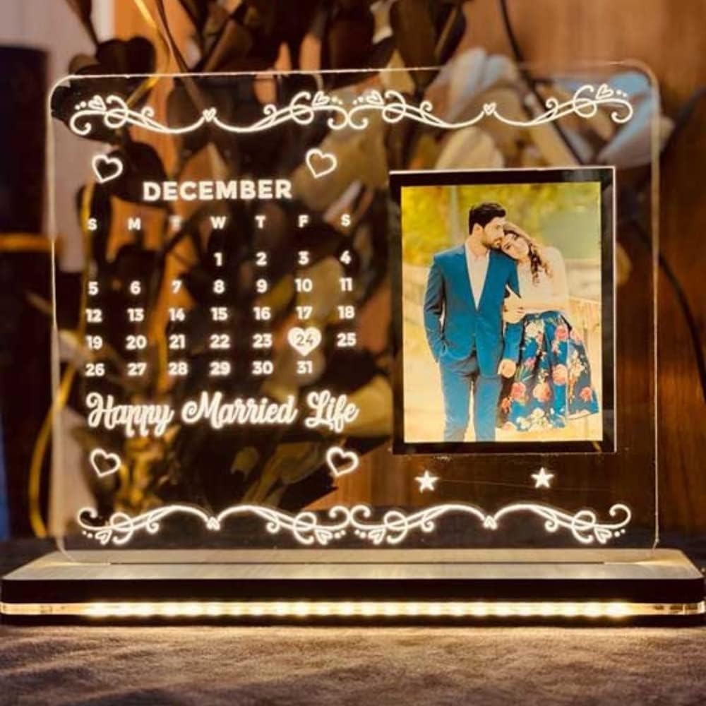 Customized Personalized Acrylic LED Light Desk Calendar Frame For Couple Best And Memorable Gift On Birthday, Anniversary, Wedding, Home Decor Or Any Special Occasion (Single Colour)