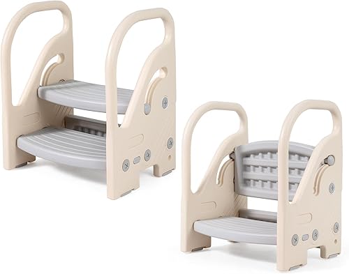 Costzon Toddler Step Stool for Bathroom Sink, Adjustable 2-Step Kids Helper Stool with Safety Handles & Non-Slip Pads, Convertible Plastic Ladder