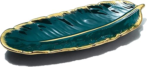 Cuenco decorativo de cerámica con plumas, cuencos de hojas con bordes dorados para decoración del hogar, bandeja de almacenamiento de joyas de color