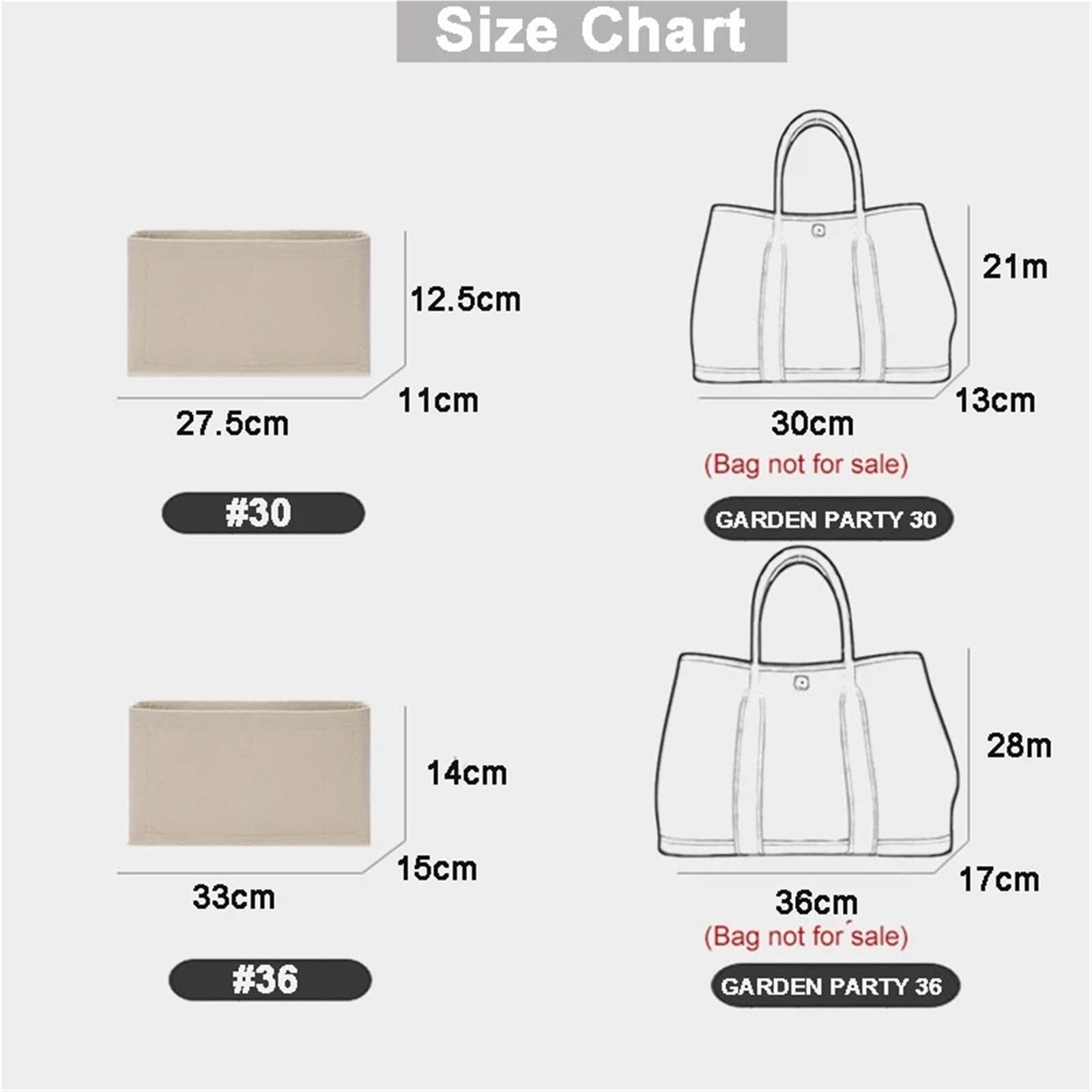 Inserto organizer in feltro per Garden party 30/36, organizer compatibile con borse Hermes(Beige,For Garden Party 30)