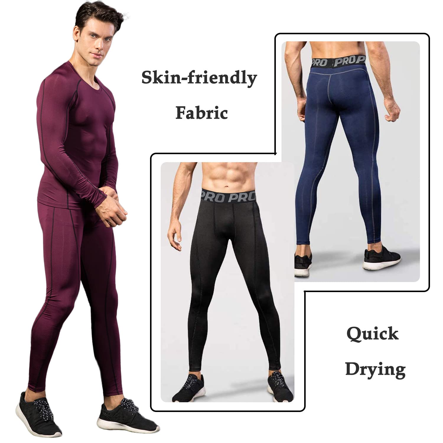 LANBAOSI Lot de 3 Leggings Compression Homme Thermique sous-Vêtement Caleçon Long Hiver Chaude Couche de Base Pantalon