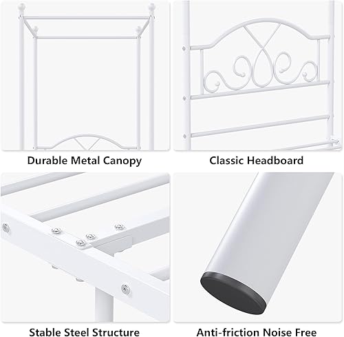 Miniatura 7 de Weehom Marco de cama individual con cabecera y estribo de metal, cuatro pósters, diseño de cortinas, base de colchón, plataforma de cama, espacio de