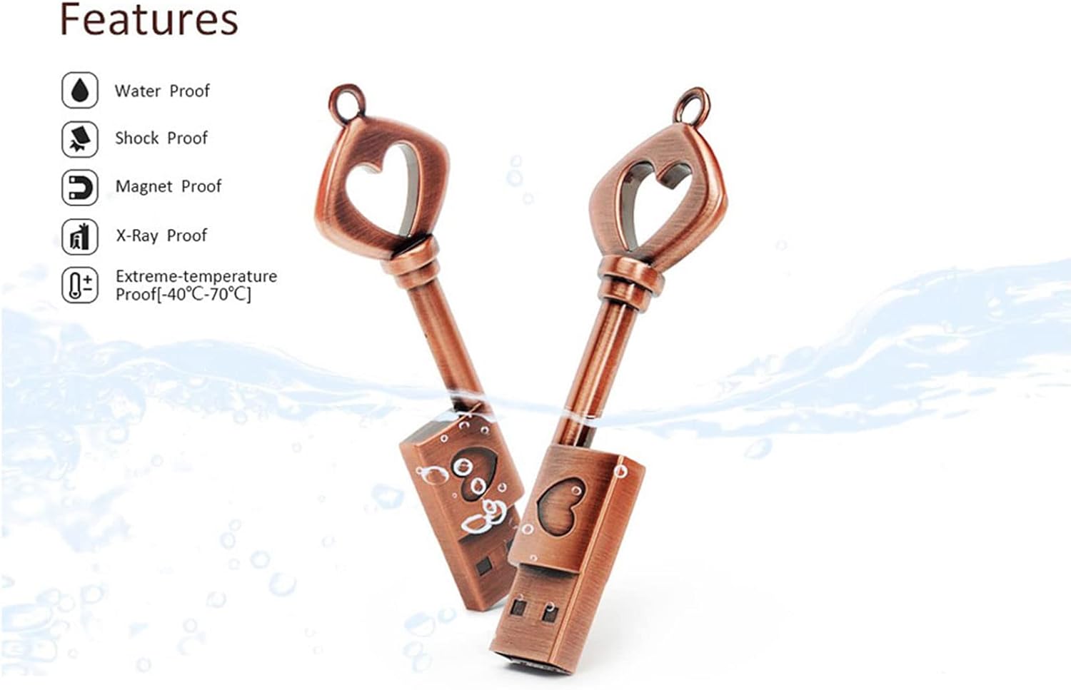 CHUYI Metal Heart Key Shape 1Pcs 128GB USB 2.0 Flash Drive Waterproof Pen Drive Memory Stick USB Flash Disk with Keychain Thumb Drive Gift