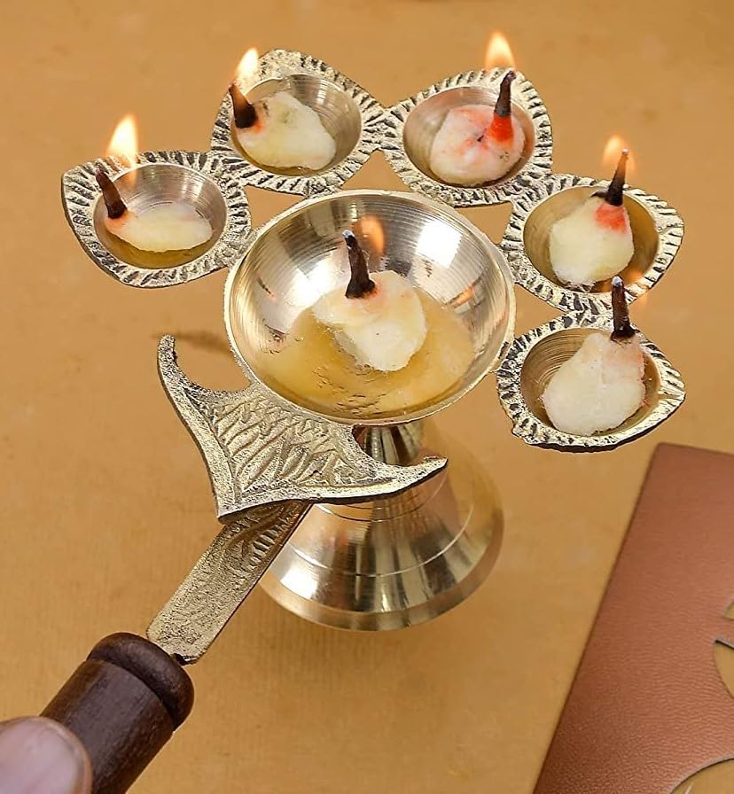 Brass Pancharti Diya Oil Lamp Aarti Deepak with Wooden Handle Dia Aarti for Temple Pooja Panch Mukhi Diya Diya Batti Navratri Diwali Special (B0D4K1LHQ4) Amazon Price History, Amazon Price Tracker