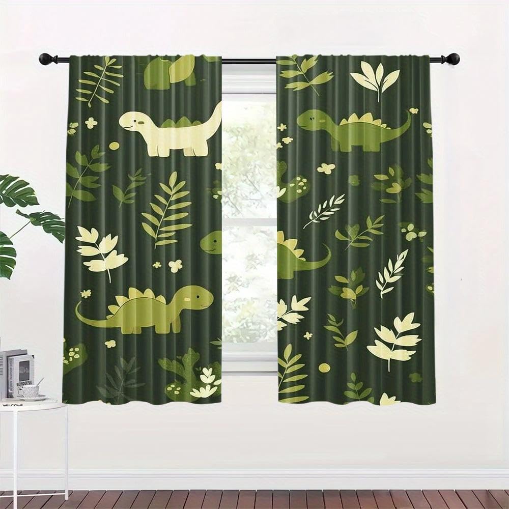 Dinosaurier Vorhänge für Jungen Grüne Dino-Blätter Schlafzimmer Fenstervorhänge Wärmeisoliert Geräuschreduzierend Sichtschutzvorhänge für das Wohnzimmer von Kindern, B75 cm x L165 cm x 2 Stück