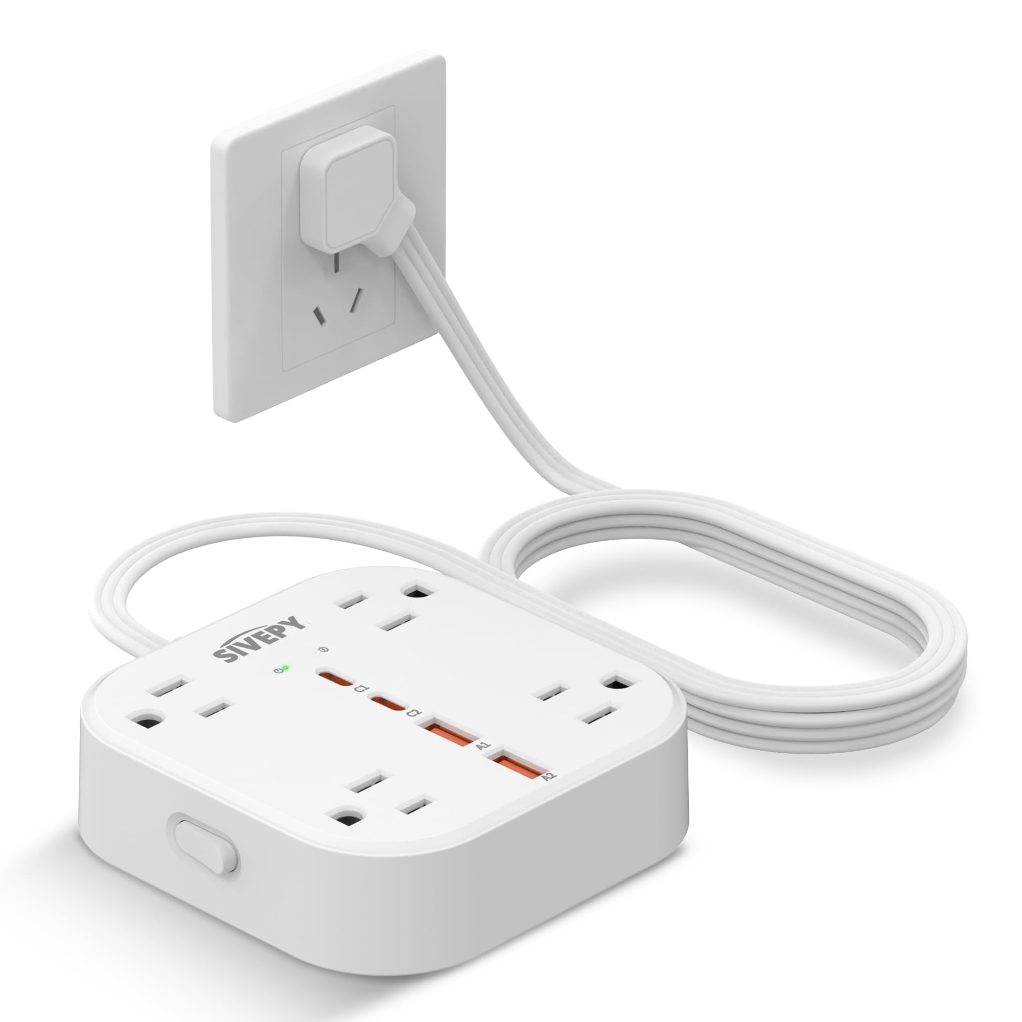 Flat Plug Power Strip, 5ft Ultra Flat Extension Cord w/ 4 Widely Spaced Outlets 4 USB Ports (2 USB C) 24W, Wall Mount Desktop Charging Station, 1440J Surge Protection for Office, School, Travel, Dorm