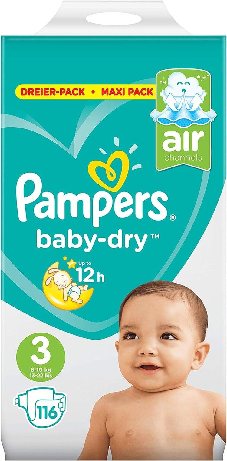Pampers (stara wersja), pieluchy dla niemowląt w rozmiarze 3 (6-10 kg), 3 sztuki (1 x 116 sztuk)