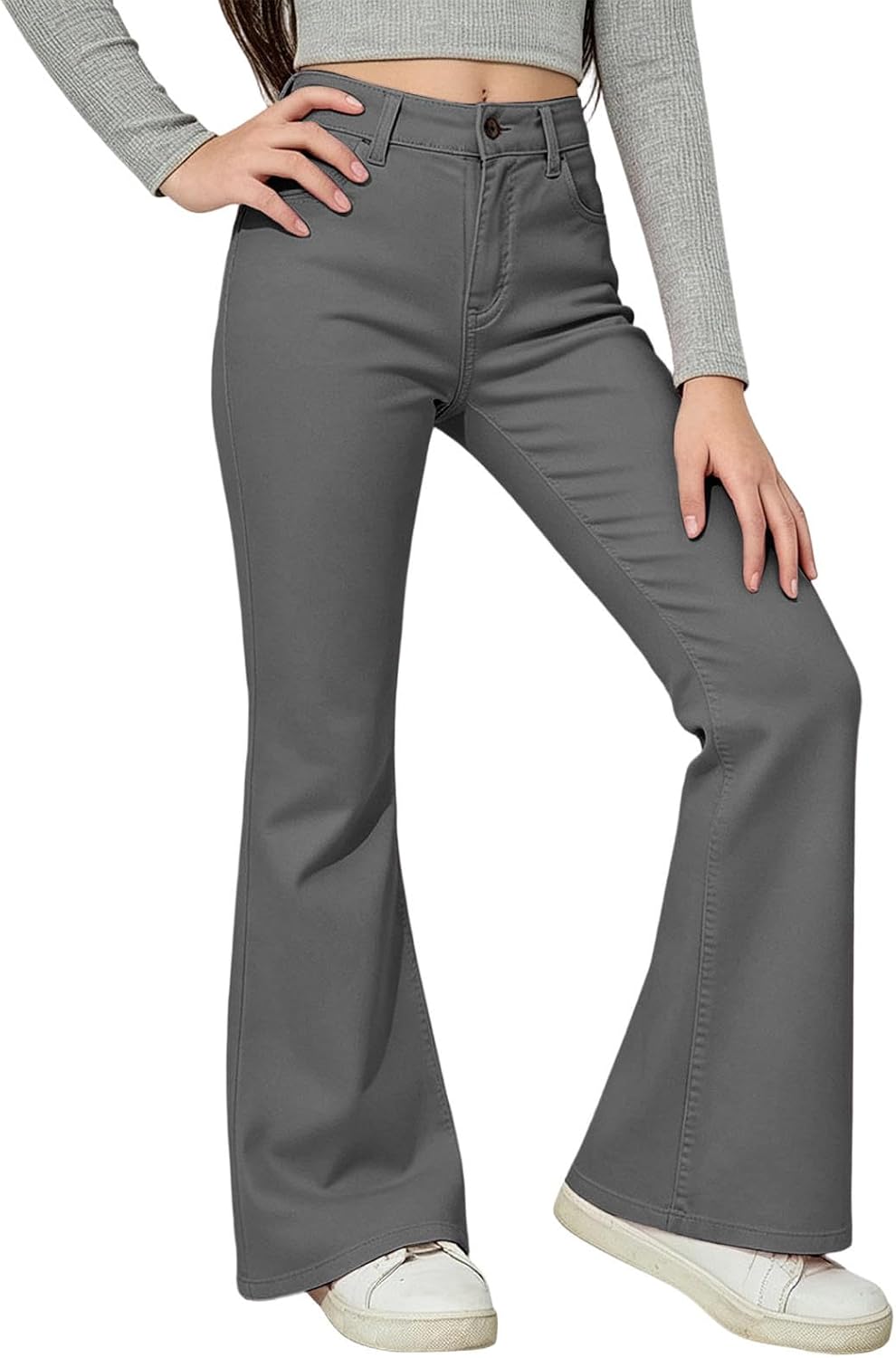 Girls School Uniform Pants Kids Flare Leggings Elastic Waist High Stretchy Bell Bottoms Preppy Trousers with Pockets