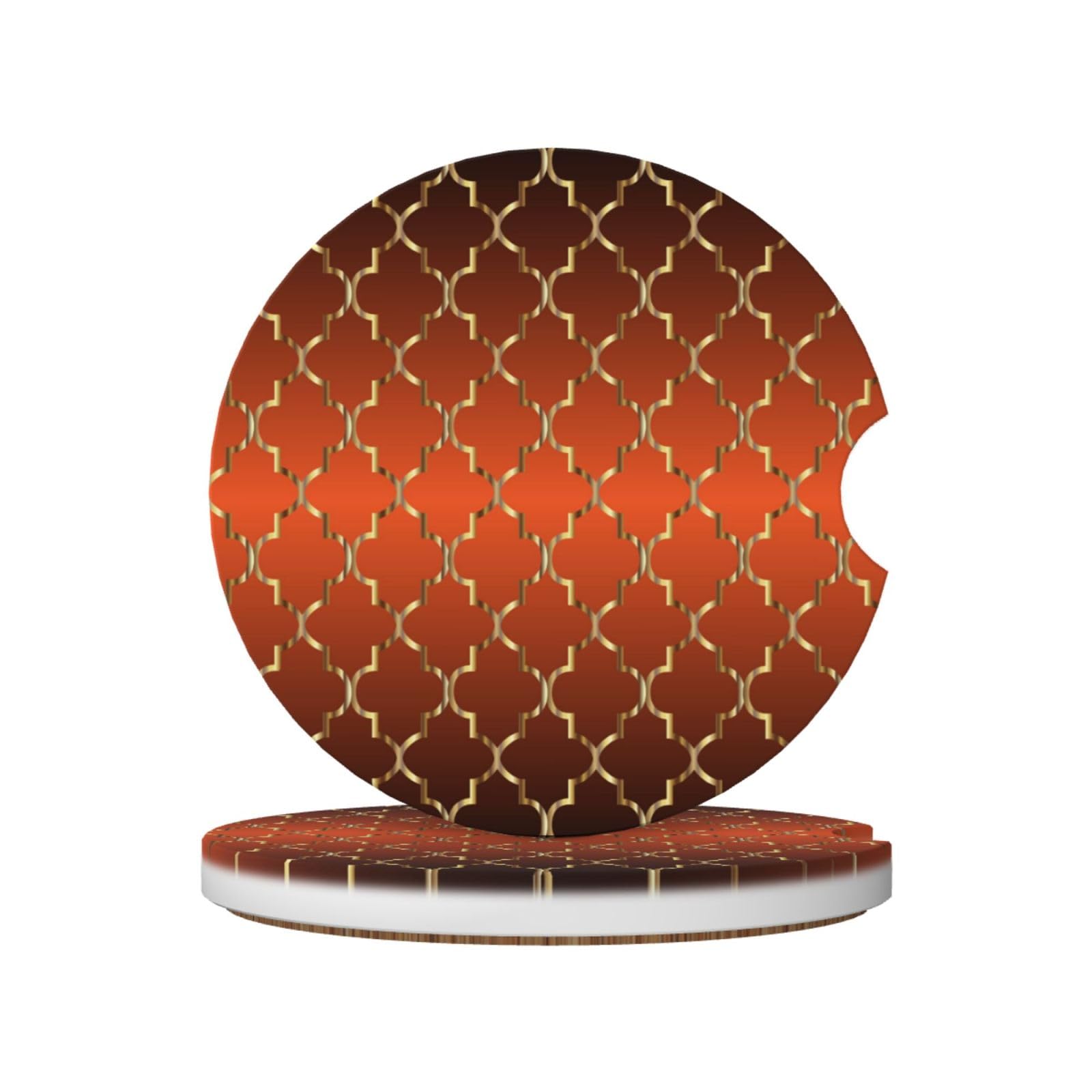 Gold Quatrefoil On Burnt Orange, Car Cup Holder Coasters 2 Pack, Absorbent Ceramic Car Coasters with Non Slip Cork Base