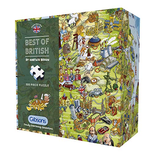 Gibsons Best of British 500 Piece Jigsaw Puzzle – Illustrated UK Map by Hartwig Braun – Colourful Landmarks & Icons Puzzle for Adults & Teens – Premium Recycled Board – Sustainable Gift Made in the UK