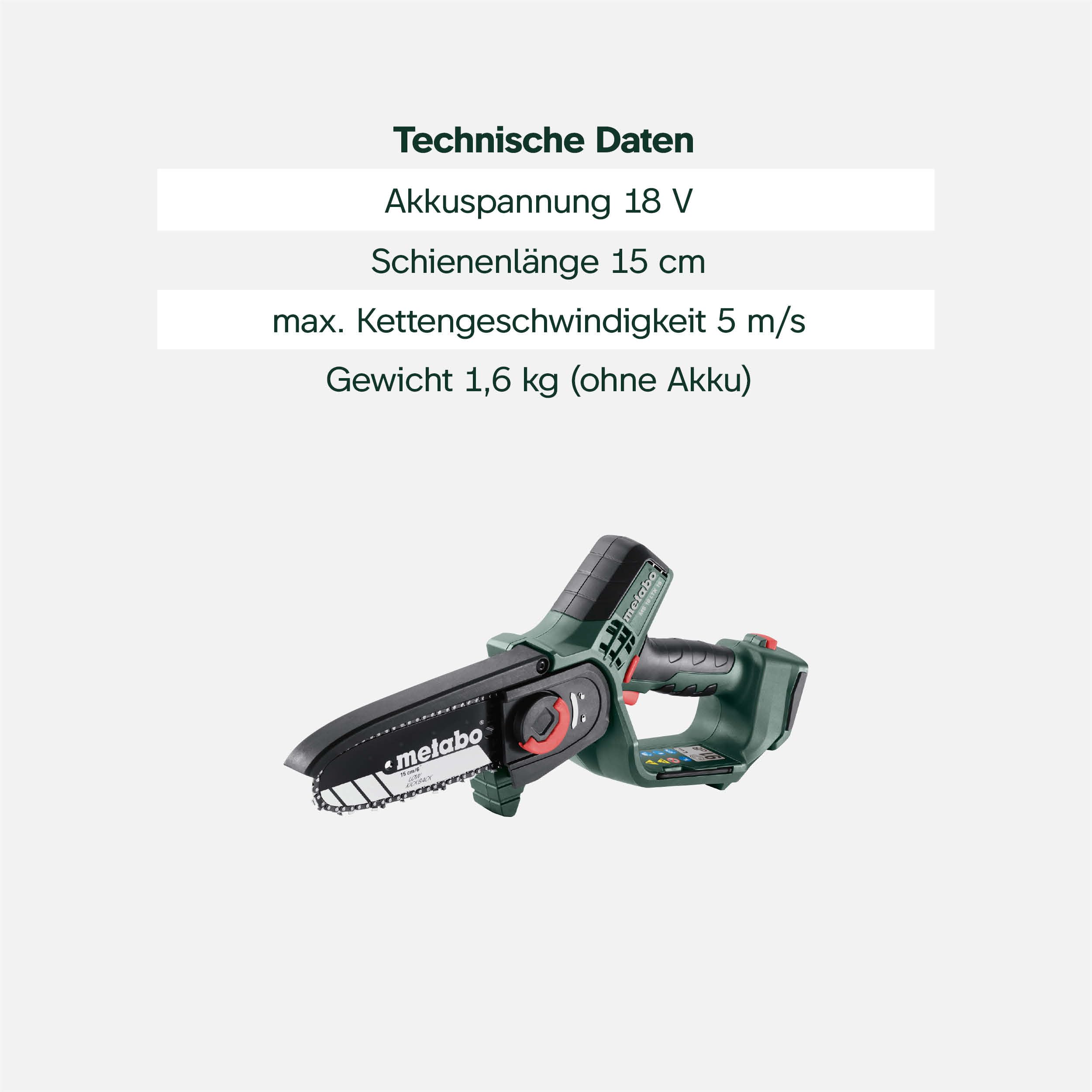 metabo Akku-Gehölzsäge MS 18 LTX 15-18V, 15 cm Schwertlänge - Ideal für Baumschnitt und Grünschnitt, hohe Kettengeschwindigkeit - Leicht und handlich - Inkl. metaBOX