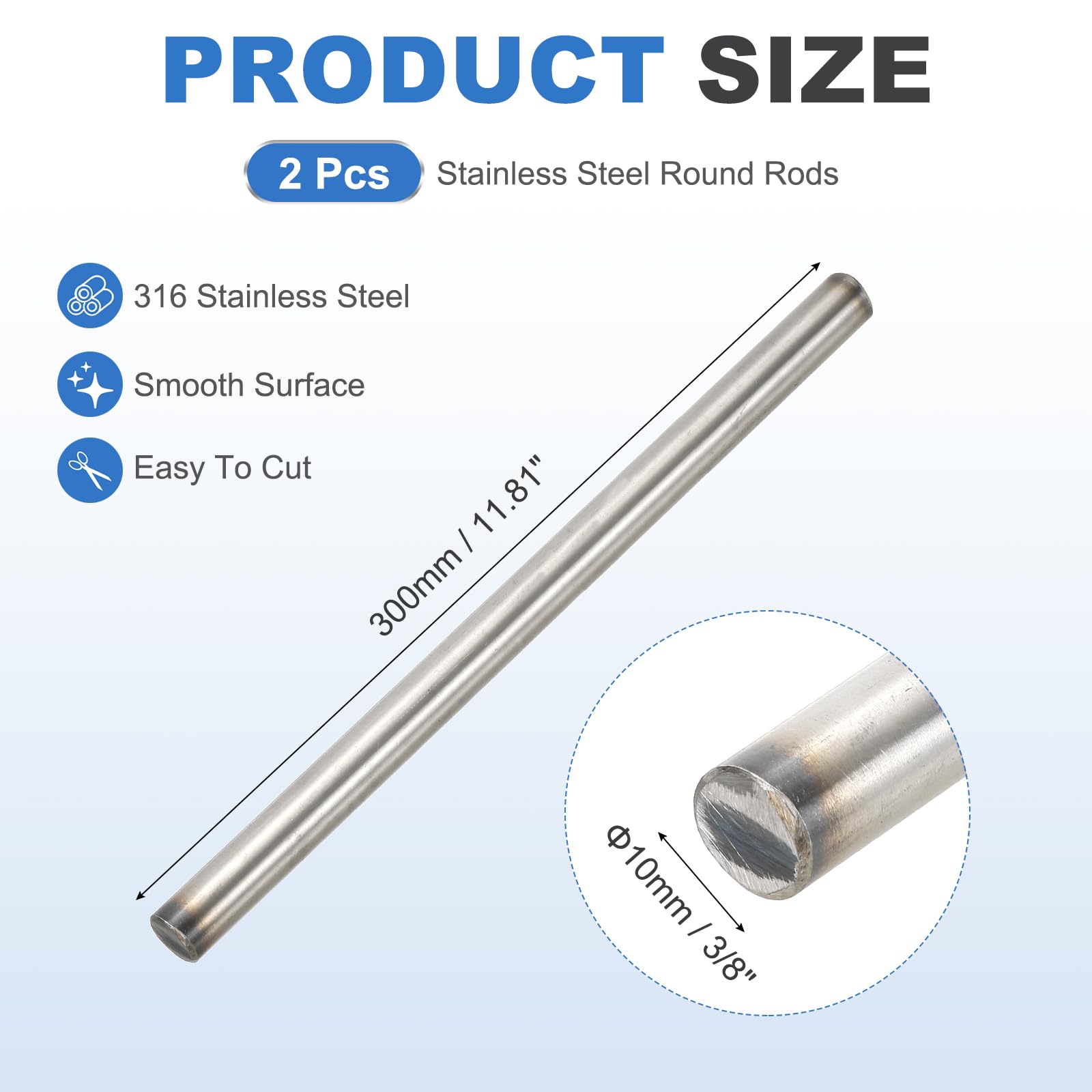 QUARKZMAN 316 Edelstahlstab 3/8"(10mm) 11.81"(300mm) Länge Massiver Stahl Rundstab Metall Wellen Stäbe Drehbank Stangenmaterial Fürlle DIY Projekte Und Metallbearbeitung Packung Mit 2 Stück