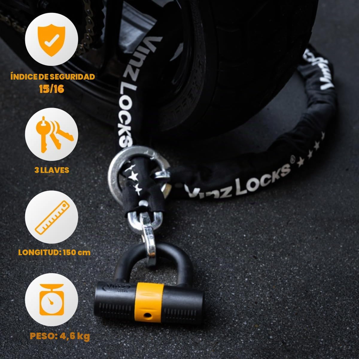 VINZ Trivor Candado de Moto Disco | Antirrobo con Llave | Homologada ART 4 | Testado Acero Endurecido ø11mm | Candado de Cadena/Cadena de cerradura para Motos & Scooters - 150cm