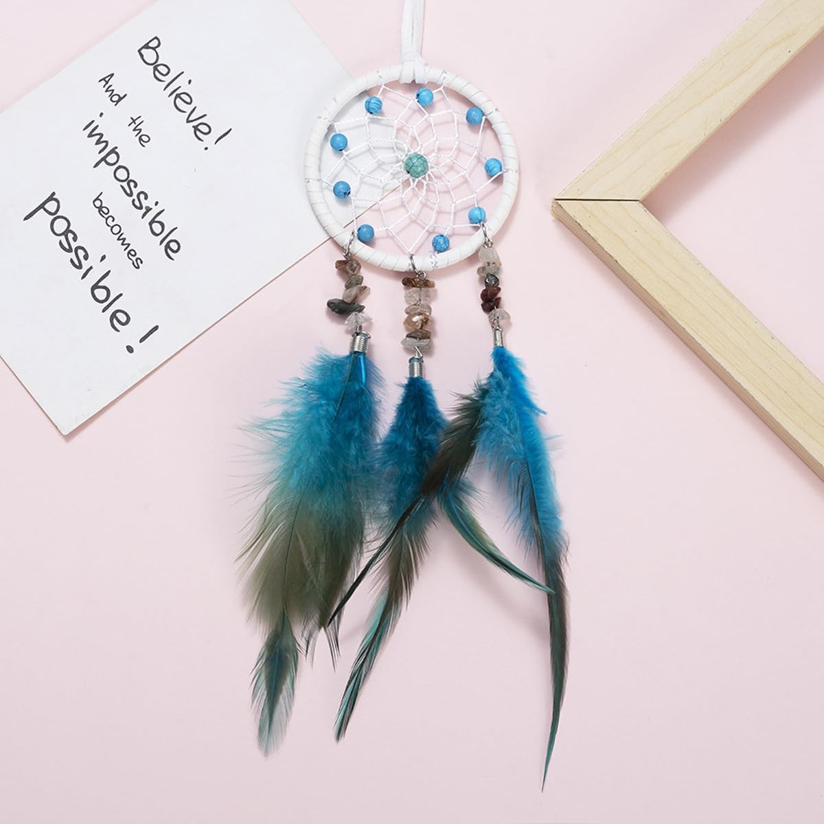 YRY Dream Catcher, Handmade Adorable Car Interior Rearview Mirror Handbag Hanging Decor Handmade Grids Nature Feather Small Bohemia Style Car Pendant Accessory (Brown Stone)