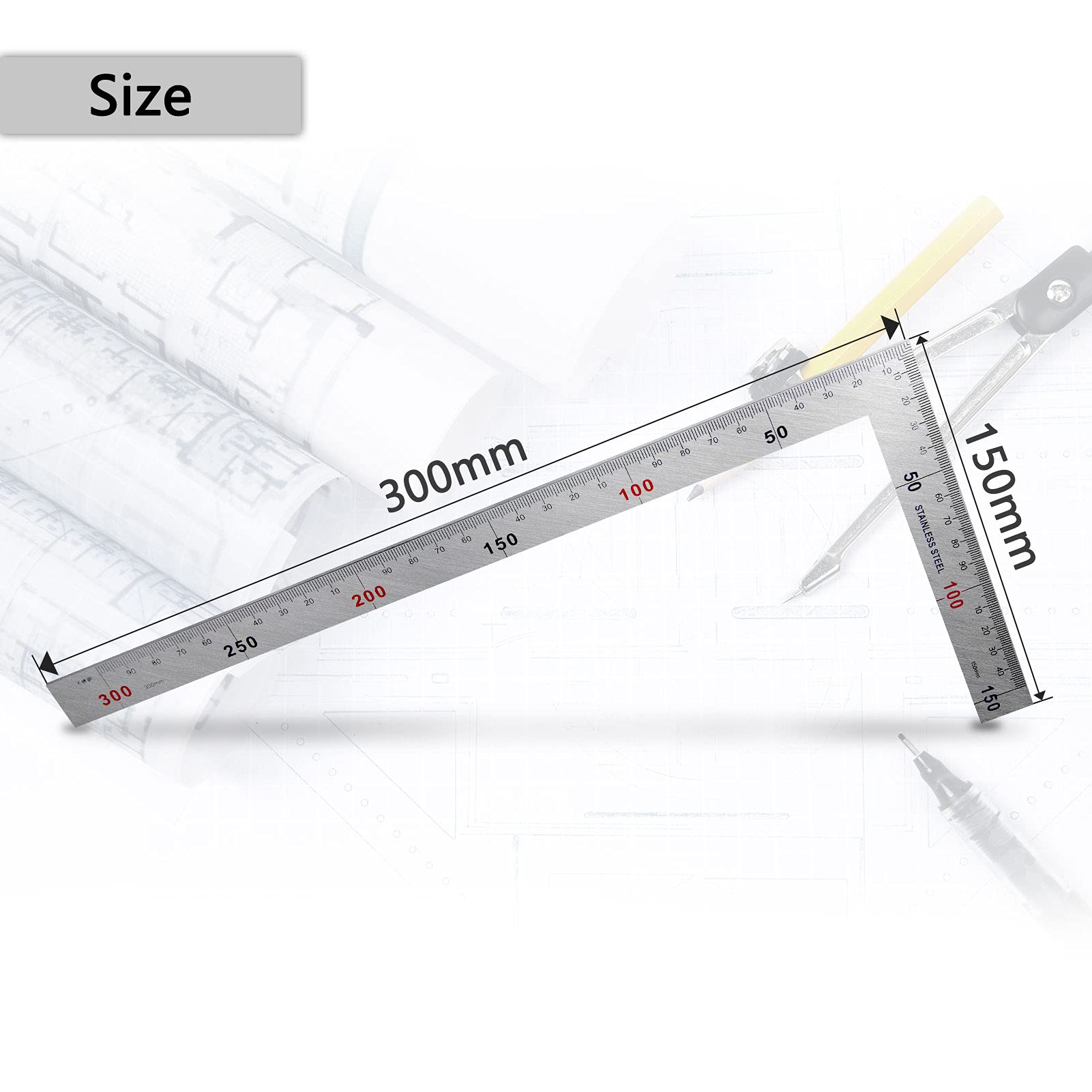 Escuadra de Acero 90 Grados 150×300mm Regla Metálica Cuadrada para Carpintero