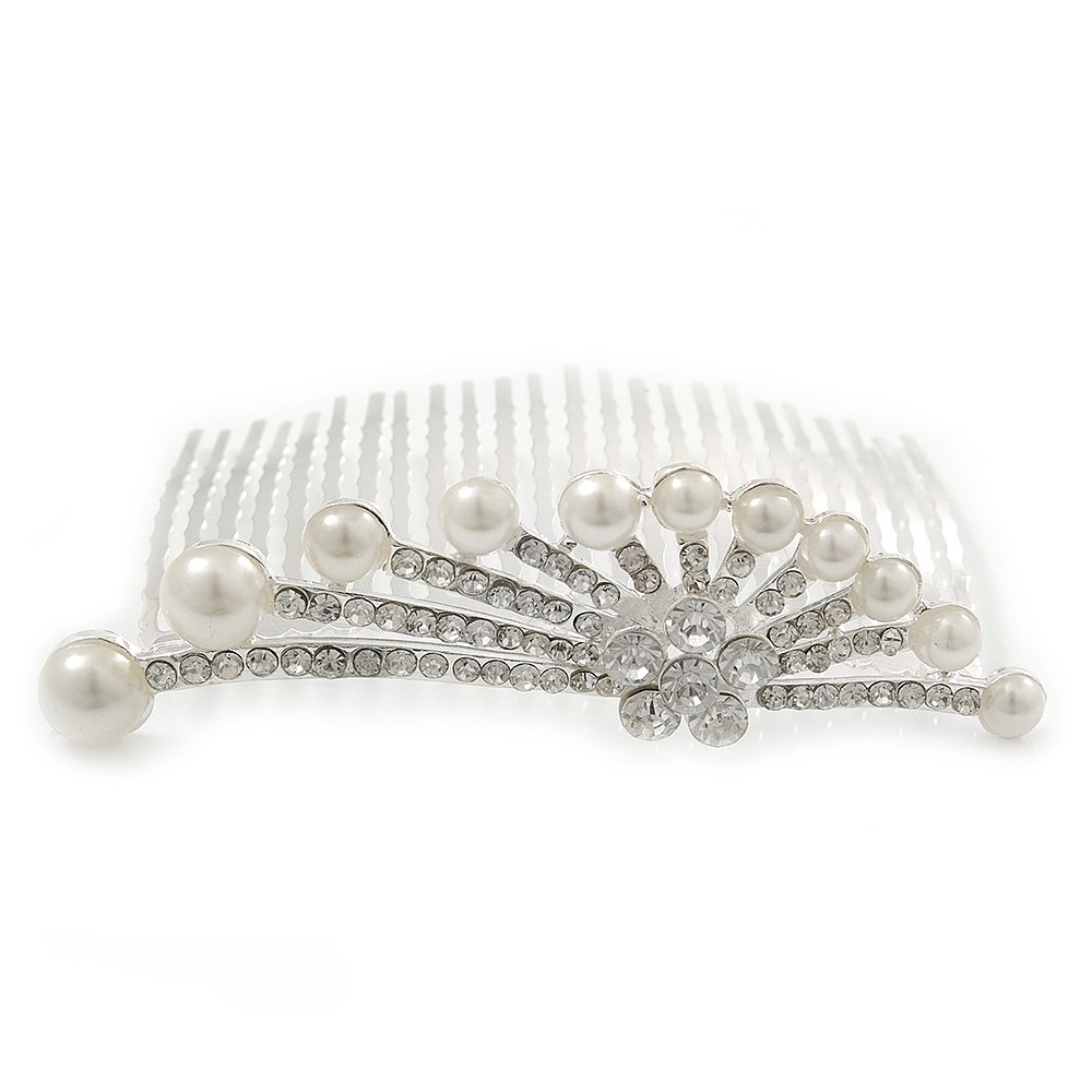 Bridal/Wedding/Prom/Party Rhodium Plated Crystal Flower & Synthetic Pearl Hair Comb/Tiara - 9cm
