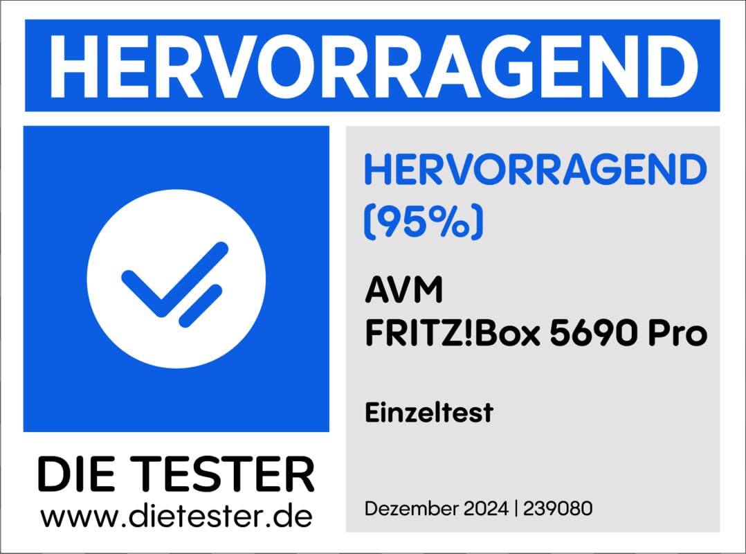 AVM FRITZ!Box 5690 Pro (Wi-Fi 7 Premium router z Triband (2,4 GHz, 5 GHz, 6 GHz) do 18,5 Gbit/s, do złączy światłowodowych i DSL, WLAN Mesh, podstawa DECT, wersja niemieckojęzyczna)