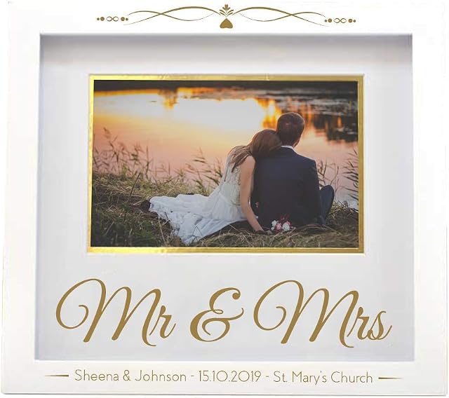 GiftsOnline4U Personalised Mr and Mrs Photo Frame Engraved Wood Wedding White/Amore/Gold/Oak/Stand/Anniversary/6x4/20.5 x 23 x 1.7 Centimetre