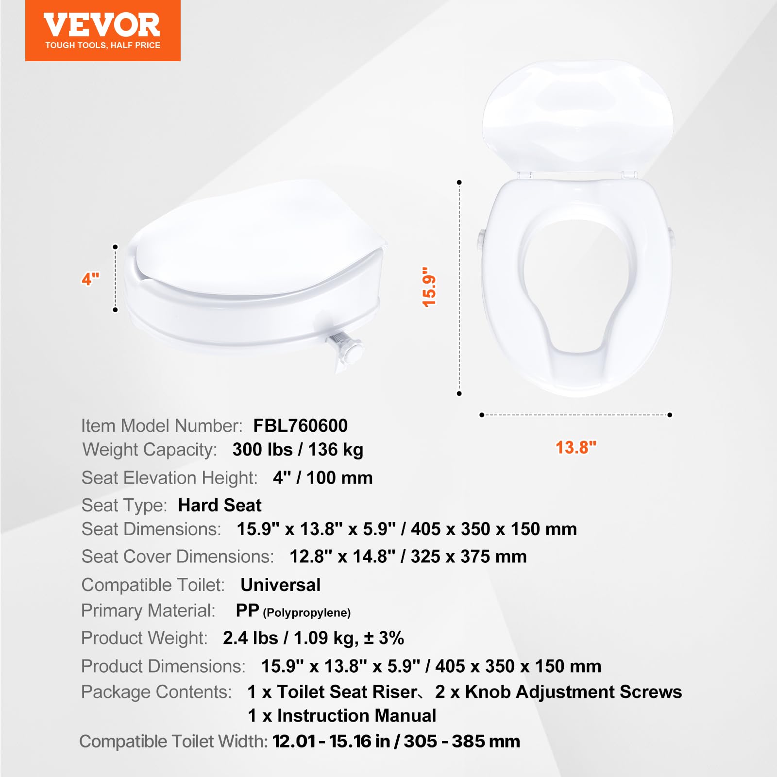 VEVOR Toilettensitzerhöhung Erhöhter Toilettensitz, 10 cm, 136 kg Tragkraft, Universelle Toilettensitzerhöhung, Schraubstangenverriegelung, mit Toilettensitz, für Behinderte, Patienten, Schwangere
