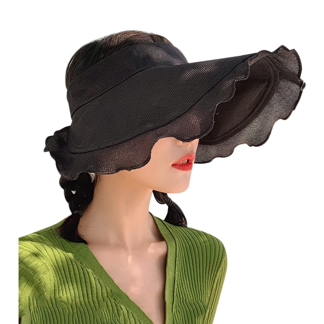 haozaikeji Womens Wide Brim Sun Visor Hat Empty Top Sun Hat UPF 50+ Summer Topless Sunhats UV Protection Beach Cap Rollable Jute Cap for Lady Girls Outdoor Sports Holiday Beach Golf Traveling Black