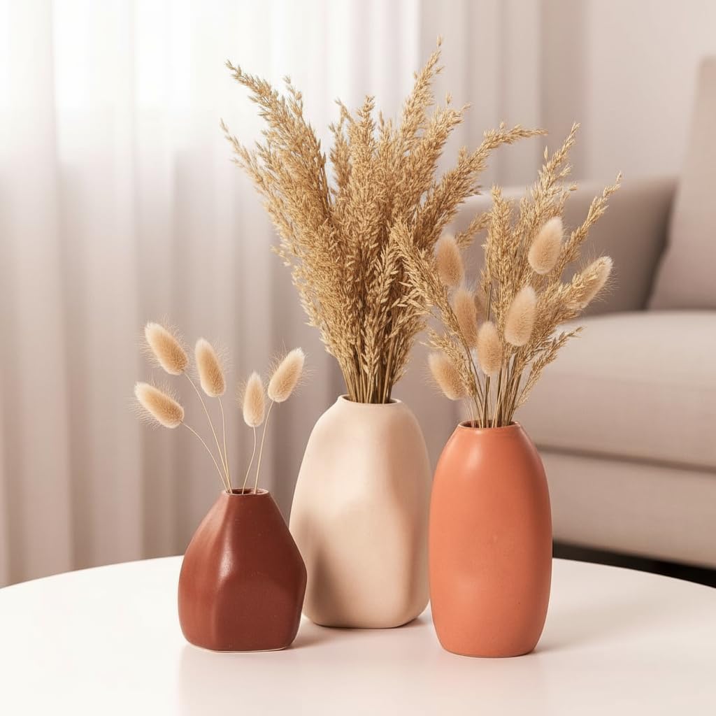 PUREZENTO Ceramic Bud Vase - Set of 3 | Centerpiece & Showpiece Vases for Home Decor, Living Room, Bookshelf & Tabletop Styling | Decorative Vase for Pampas Grass, Dried & Artificial Flowers