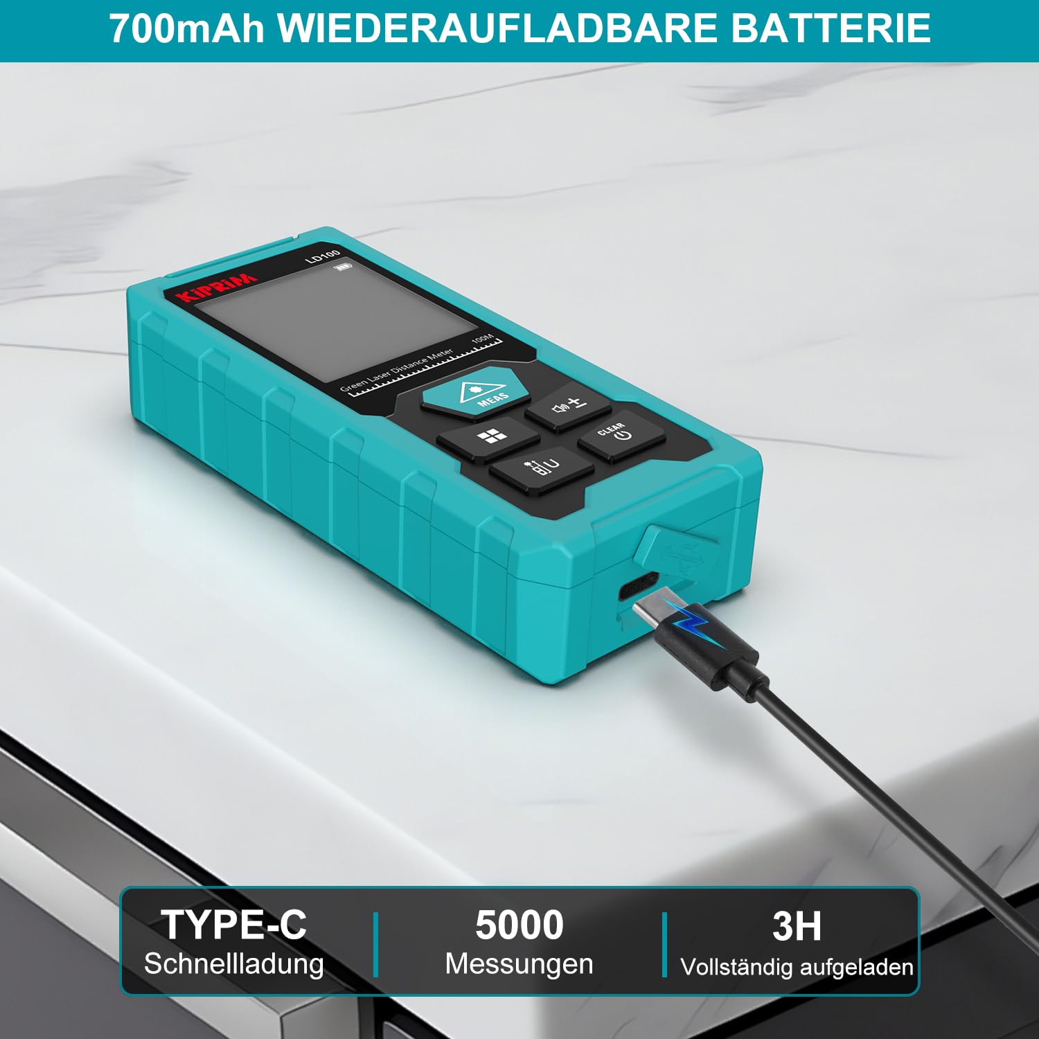 Kiprim Laser-Entfernungsmesser Grün, 100 m Digitales Messgerät mit USB-Typ-C-Akku, ±2 mm Genauigkeit, Elektronische Libelle, 10 Messmodi, Klasse II Laser, Reflektorplatte, LD100