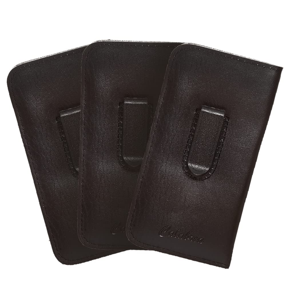Calabria Medium Soft Slim Slip-in Eyeglass Case Black 3 Pack w/Plastic Clip Faux Leather Men Women Sunglasses Pouch Holder