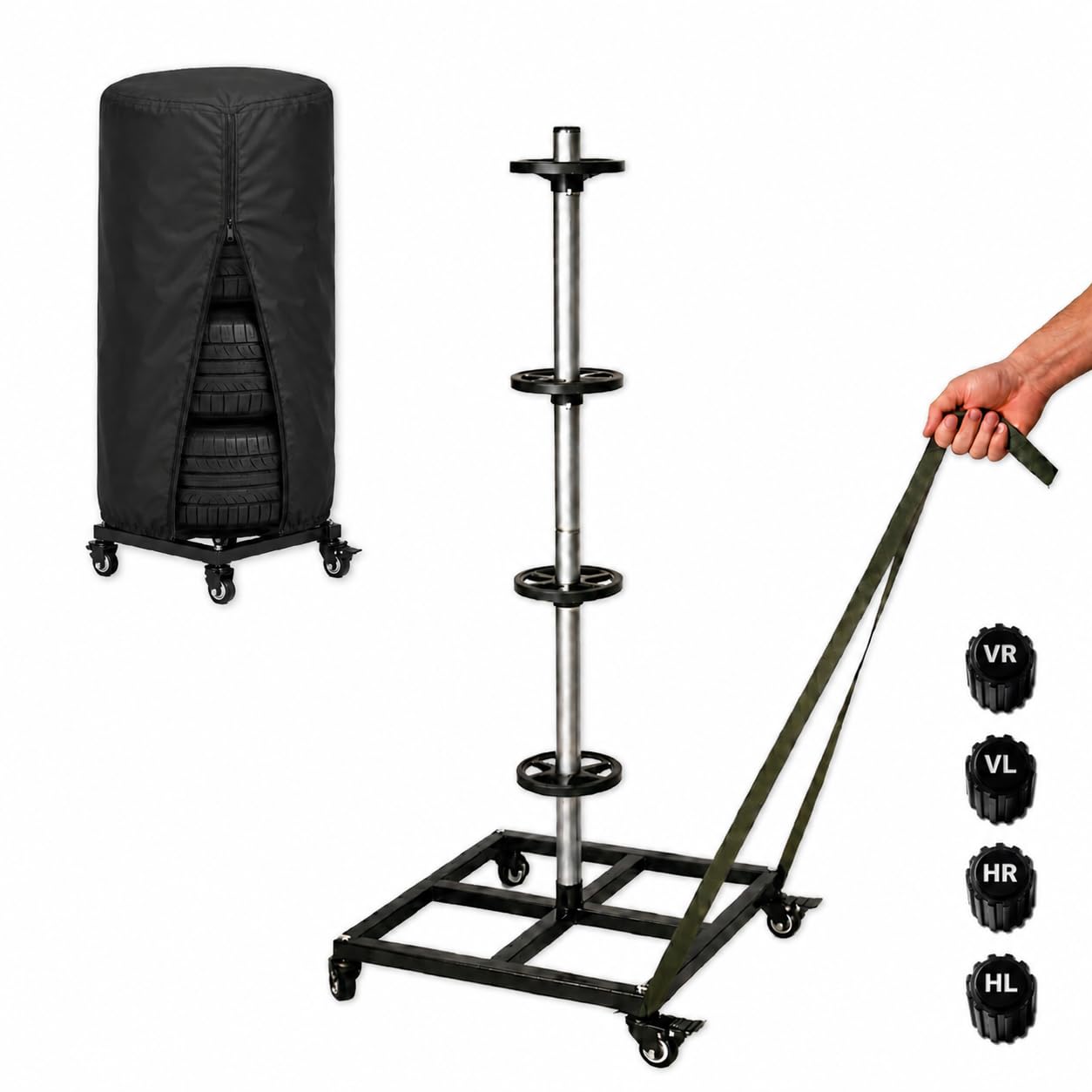 ChrudiStore Felgenbaum für Autoreifen bis 285 mm fahrbar-Reifenständer für 4 Reifen mit Rollen und Spanngurt -belastbar bis 150 kg inkl mit 8 Reifen Markierer-felgenschonende Auflagen