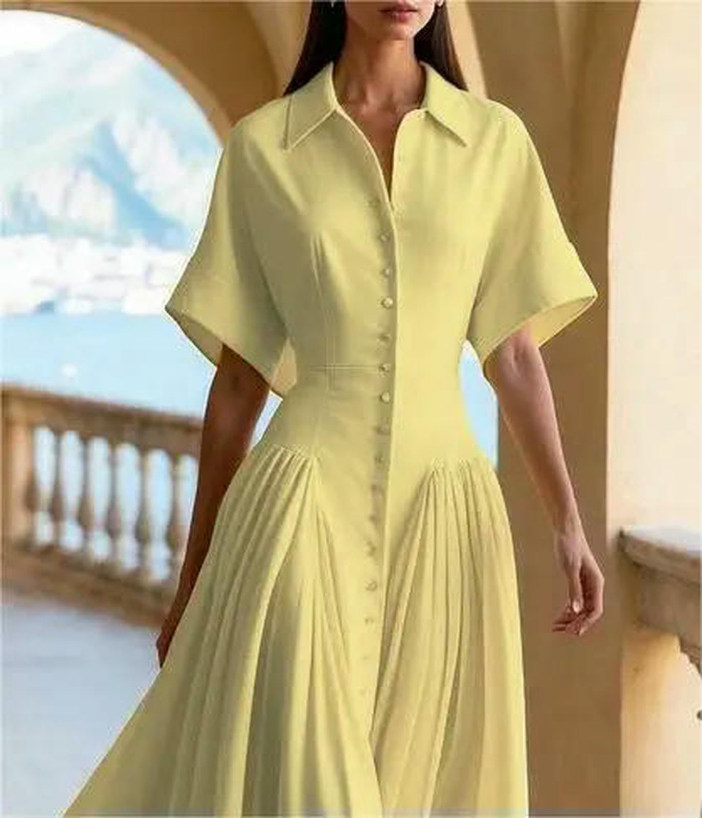 Vestito Donna Estate Eleganti Abiti Midi in Alto con Maniche Corte Giro per La Vita Abbottonate Fluidi Un Abito da Camicia Donne-Abiti Gialli-m
