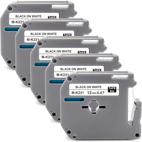 Miniatura 1 de Womiten Paquete de 5 cintas M de 0.47 pulgadas 0.47 M-K231s compatibles con cinta Brother M de 0.472 in 0.47 blanco M-k231 MK-231s, negro sobre