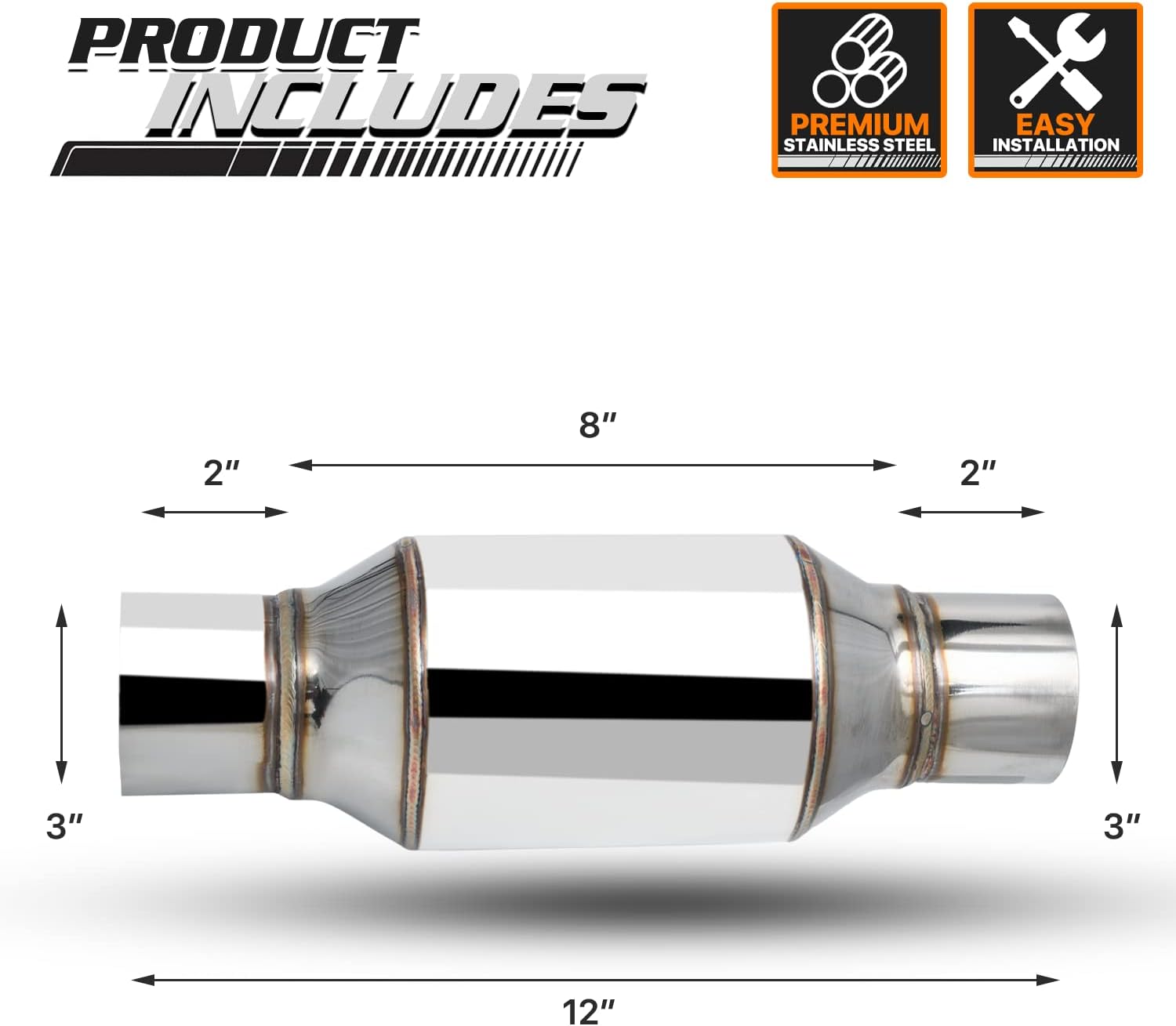 M-AUTO 3" Inlet and Outlet Universal Muffler, Heavy Duty Stainless Steel Exhaust Muffler Assembly, 12" Overall Length, Chrome